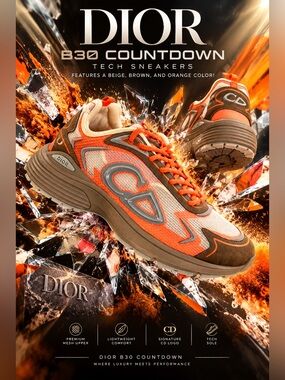 New! Dior B30 Countdown Tech sneakers feature a beige, brown, and orange color